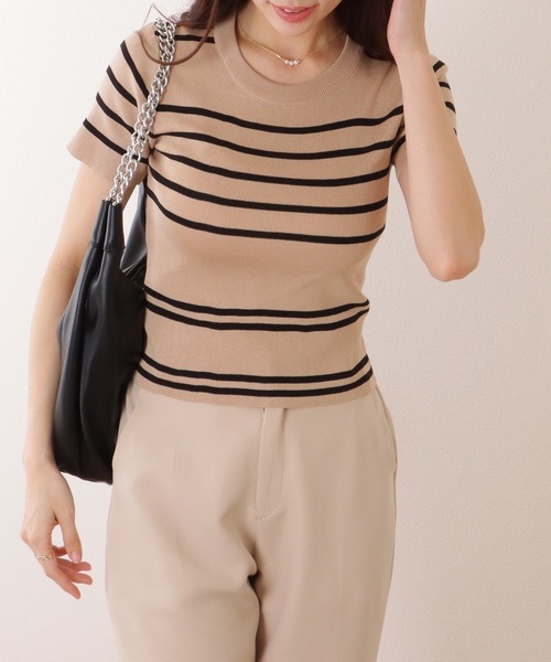 Lace Ladies(レースレディース)の「パネルボーダー クルーネック 半袖 ニット Tシャツ(ニット/セーター・レディース・ブラック/ホワイト/ベージュ/アイボリー・FREE)」の18枚目の写真