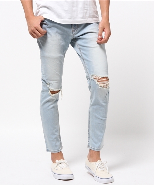 WEGO(ウィゴー)の「WEGO/ クラッシュスキニーパンツ(デニムパンツ・メンズ・ライトインディゴブルー/ホワイト/ブラック・MEDIUM/LARGE)」の1枚目の写真