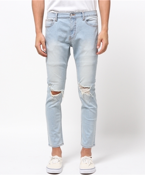 WEGO(ウィゴー)の「WEGO/ クラッシュスキニーパンツ(デニムパンツ・メンズ・ライトインディゴブルー/ホワイト/ブラック・MEDIUM/LARGE)」の8枚目の写真