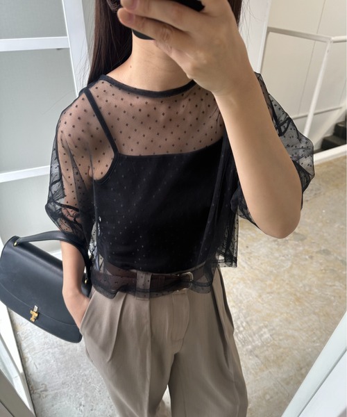 I_am(アイアム)の「cami set tulle tops / キャミセットチュールトップス(Tシャツ/カットソー・レディース・ドット/チャコール/ホワイト・FREE)」の3枚目の写真