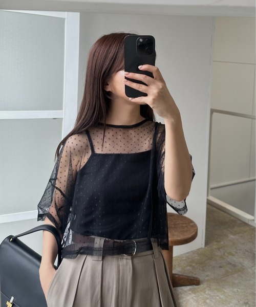 I_am(アイアム)の「cami set tulle tops / キャミセットチュールトップス(Tシャツ/カットソー・レディース・ドット/チャコール/ホワイト・FREE)」の7枚目の写真