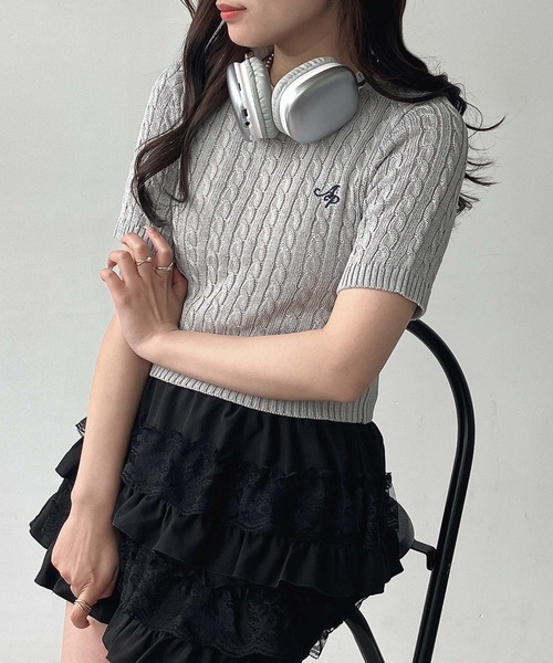 セール】◎ロゴ刺繍 ケーブルニット半袖プルオーバー（ニット
