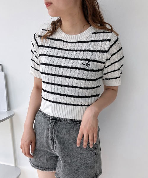 SUARE】ウォッシャブル ケーブル 半袖 ニット[COLLAR/NO COLLAR] green label relaxing ニット セーター 襟レース 2WAY ショート