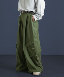 NILWAY | 420g/m TR配色センタープレス 袴シルエット ドレープ ワイド 袴カーゴ スラックス パンツ【セットアップ対応】(スラックス)
