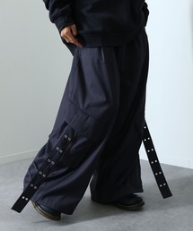 NILWAY | 420g/m TR配色センタープレス 袴シルエット ドレープ ワイド 袴カーゴ スラックス パンツ【セットアップ対応】(スラックス)