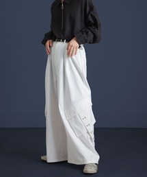 NILWAY | 420g/m TR配色センタープレス 袴シルエット ドレープ ワイド 袴カーゴ スラックス パンツ【セットアップ対応】(スラックス)