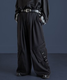 NILWAY | 420g/m TR配色センタープレス 袴シルエット ドレープ ワイド 袴カーゴ スラックス パンツ【セットアップ対応】(スラックス)