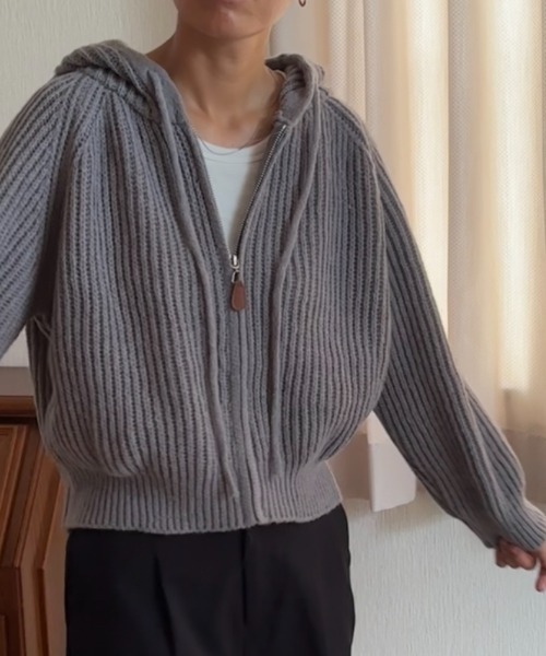 Ritzy(リッツィー)の「ショート丈 リブ編み ジップアップ ニットパーカー(ニット/セーター・レディース・グレー/ベージュ/ホワイト・FREE)」の18枚目の写真