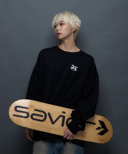 SAVIER(サビアー)の「【SAVIER/サビアー】WALKING DONUTSコラボ / バックプリント ビッグシルエット スウェットトレーナー ワンポイント刺繍 ブランドロゴ(スウェット・メンズ・杢グレー/ブラック・MEDIUM/LARGE)」の1枚目の写真