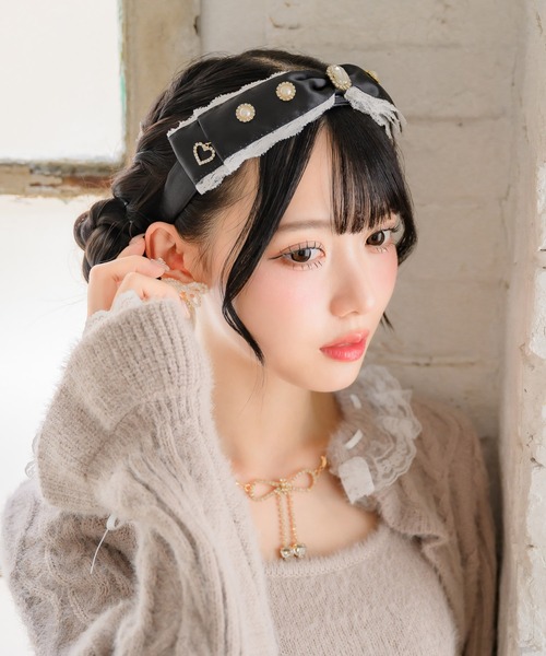 Sugri リバーレース リボン カチューシャ Sugri スグリ *レースリボンカチューシャ*黒ブラックヘア