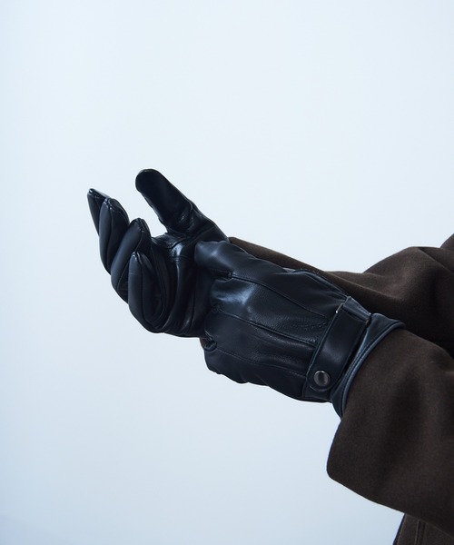 HARRIS TWEED（ハリスツイード）の「【SETUP7】スマホ対応レザー 三色飾り×差し色 裏ボア メンズ手袋 WINGI（手袋・メンズ・ネイビー/ブラック/ダークブラウン・FREE）」の2枚目の写真