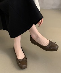 レザー調 スクエアトゥ リボン フラット パンプス