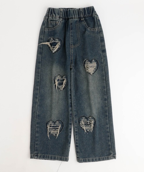 ハートダメージデザインストレートデニムパンツ（デニムパンツ