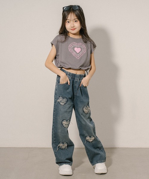 ハートダメージデザインストレートデニムパンツ（デニムパンツ