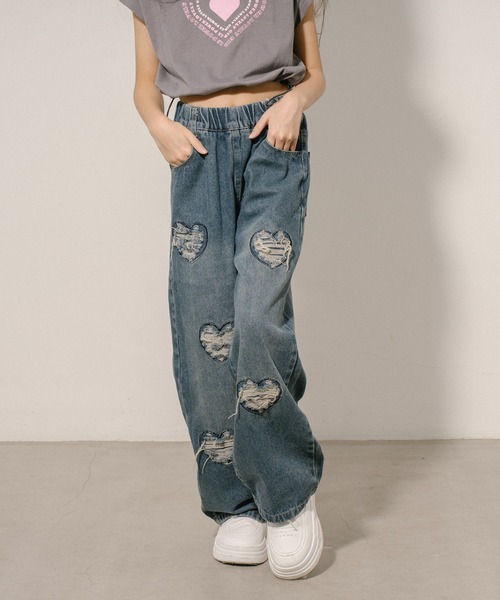 ハートダメージデザインストレートデニムパンツ（デニムパンツ