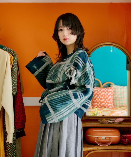 kutir(クティール)の「【クティールとレトロ】ベロアリボン付きチェックジャガードドロストニット(ニット/セーター・レディース・ブラック系/グリーン系/オレンジ系・FREE)」の16枚目の写真