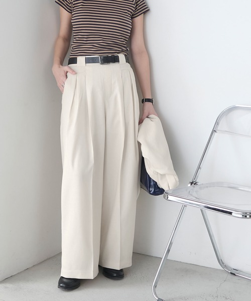BONLECILL(ボンルシール)の「【セットアップ対応】フェイクリネン パーフェクトシルエットTタックワイドパンツ(スラックス・レディース・チャコールグレー/アイボリー/ブラック/ブラウン/ベージュ・L/M)」の2枚目の写真