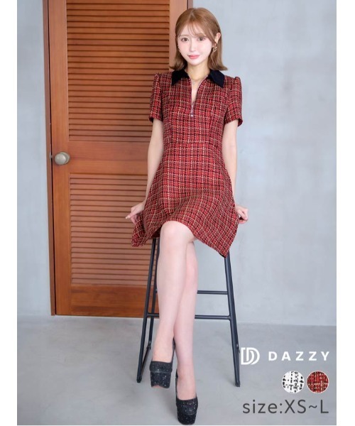 DAZZY(デイジー)の「ツイードチェック 襟付き フロントジップ 半袖 Aライン ミニドレス(ドレス・レディース・ホワイト/ワインレッド・S/M/L)」の7枚目の写真