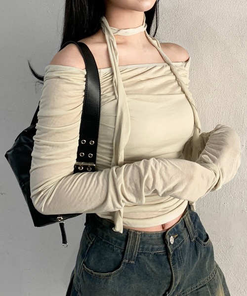 lilful(リルフル)の「シャーリング スカーフ タイ付き シアートップス(Tシャツ/カットソー・レディース・ライトブルー/ライトグリーン/ブラック・M/S)」の4枚目の写真