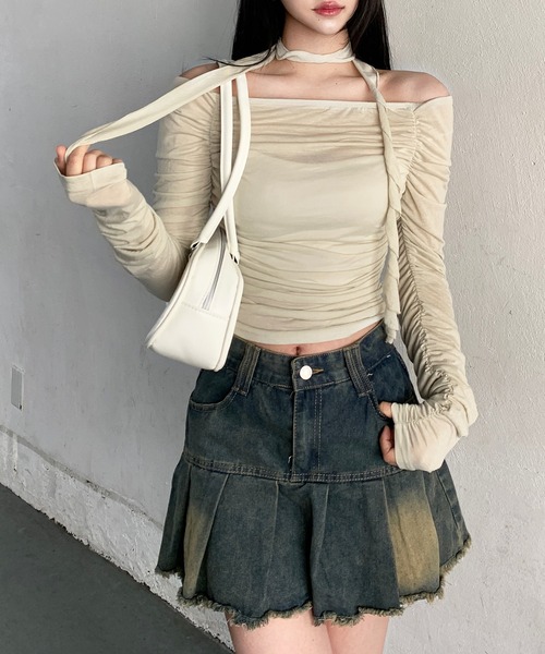 lilful(リルフル)の「シャーリング スカーフ タイ付き シアートップス(Tシャツ/カットソー・レディース・ライトブルー/ライトグリーン/ブラック・M/S)」の5枚目の写真