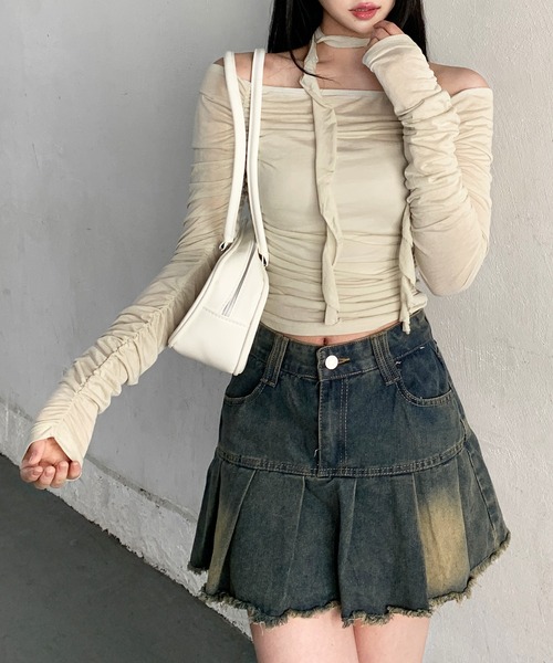 lilful(リルフル)の「シャーリング スカーフ タイ付き シアートップス(Tシャツ/カットソー・レディース・ライトブルー/ライトグリーン/ブラック・M/S)」の9枚目の写真