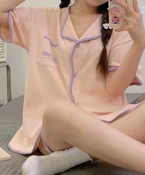 Teem Store(チームストア)の「【2点セット】ゆったり前開きルームウェア リボンパジャマ半袖 ショートパンツ(ルームウェア/パジャマ・レディース・ピンク/アイボリー/ブラック/アイボリー系1・L/M)」の20枚目の写真