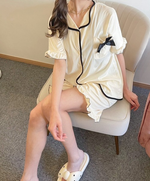 Teem Store(チームストア)の「【2点セット】ゆったり前開きルームウェア リボンパジャマ半袖 ショートパンツ(ルームウェア/パジャマ・レディース・ピンク/アイボリー/ブラック/アイボリー系1・L/M)」の18枚目の写真