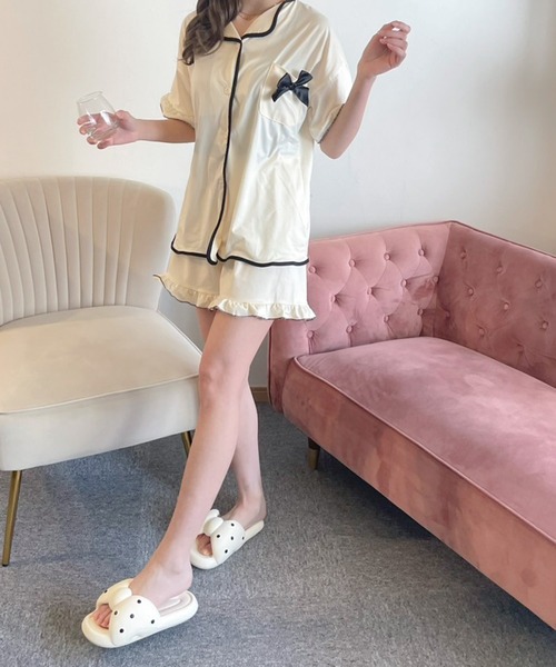 Teem Store(チームストア)の「【2点セット】ゆったり前開きルームウェア リボンパジャマ半袖 ショートパンツ(ルームウェア/パジャマ・レディース・ピンク/アイボリー/ブラック/アイボリー系1・L/M)」の10枚目の写真