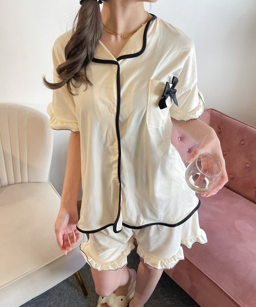 Teem Store(チームストア)の「【2点セット】ゆったり前開きルームウェア リボンパジャマ半袖 ショートパンツ(ルームウェア/パジャマ・レディース・ピンク/アイボリー/ブラック/アイボリー系1・L/M)」の11枚目の写真