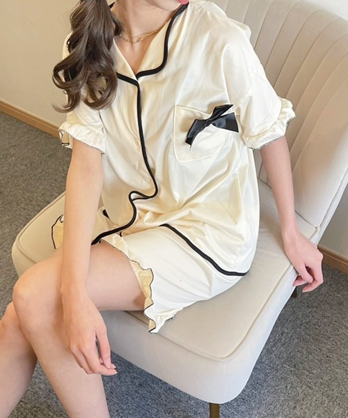 Teem Store(チームストア)の「【2点セット】ゆったり前開きルームウェア リボンパジャマ半袖 ショートパンツ(ルームウェア/パジャマ・レディース・ピンク/アイボリー/ブラック/アイボリー系1・L/M)」の13枚目の写真