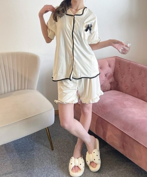 Teem Store(チームストア)の「【2点セット】ゆったり前開きルームウェア リボンパジャマ半袖 ショートパンツ(ルームウェア/パジャマ・レディース・ピンク/アイボリー/ブラック/アイボリー系1・L/M)」の14枚目の写真