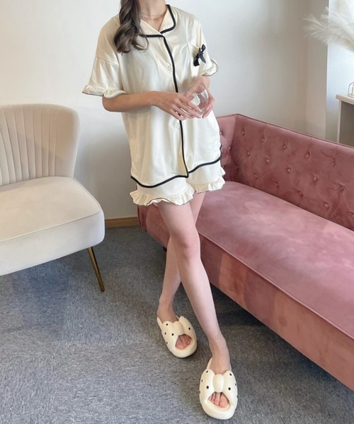 Teem Store(チームストア)の「【2点セット】ゆったり前開きルームウェア リボンパジャマ半袖 ショートパンツ(ルームウェア/パジャマ・レディース・ピンク/アイボリー/ブラック/アイボリー系1・L/M)」の15枚目の写真