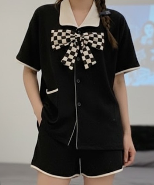 Teem Store(チームストア)の「【2点セット】ゆったり前開きルームウェア リボンパジャマ半袖 ショートパンツ(ルームウェア/パジャマ・レディース・ピンク/アイボリー/ブラック/アイボリー系1・L/M)」の5枚目の写真