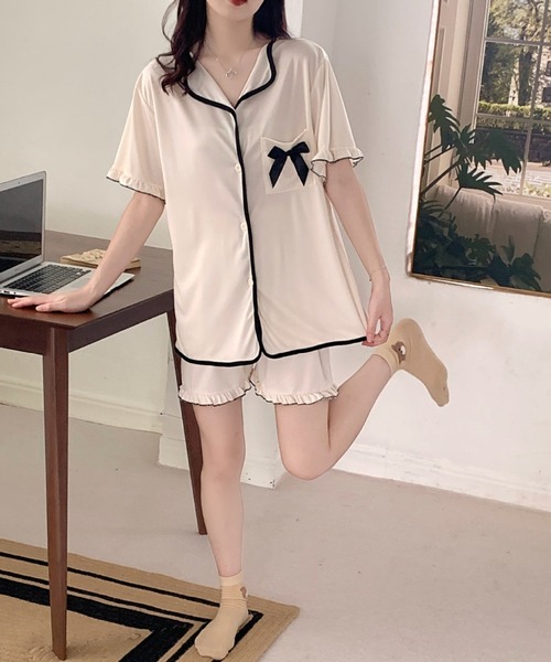 Teem Store(チームストア)の「【2点セット】ゆったり前開きルームウェア リボンパジャマ半袖 ショートパンツ(ルームウェア/パジャマ・レディース・ピンク/アイボリー/ブラック/アイボリー系1・L/M)」の6枚目の写真