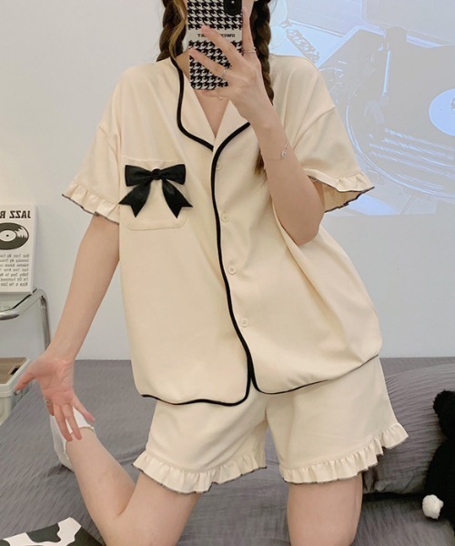 Teem Store(チームストア)の「【2点セット】ゆったり前開きルームウェア リボンパジャマ半袖 ショートパンツ(ルームウェア/パジャマ・レディース・ピンク/アイボリー/ブラック/アイボリー系1・L/M)」の8枚目の写真