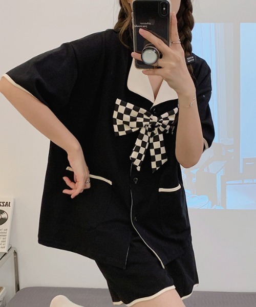 Teem Store(チームストア)の「【2点セット】ゆったり前開きルームウェア リボンパジャマ半袖 ショートパンツ(ルームウェア/パジャマ・レディース・ピンク/アイボリー/ブラック/アイボリー系1・L/M)」の9枚目の写真