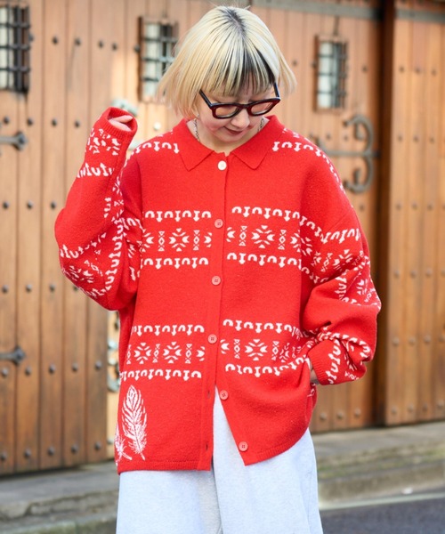 SOUNDSGOOOOD（サウンズグッド）の「【SOUNDS GOOOOD】チロリアンブークレニットポロカーディガン（ニット/セーター・レディース・ブルー/レッド・ONE SIZE）」の14枚目の写真