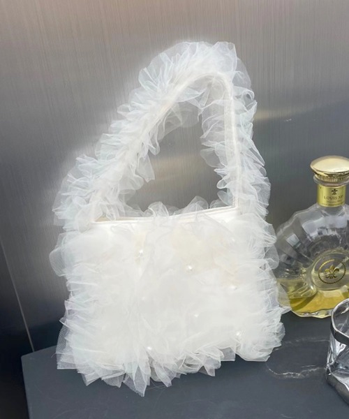 [韓国29CM限定] 大人の可愛さを叶える frill hobo bag (vanilla) セール】【韓国ファッション】チュールフリル×ホワイトパール