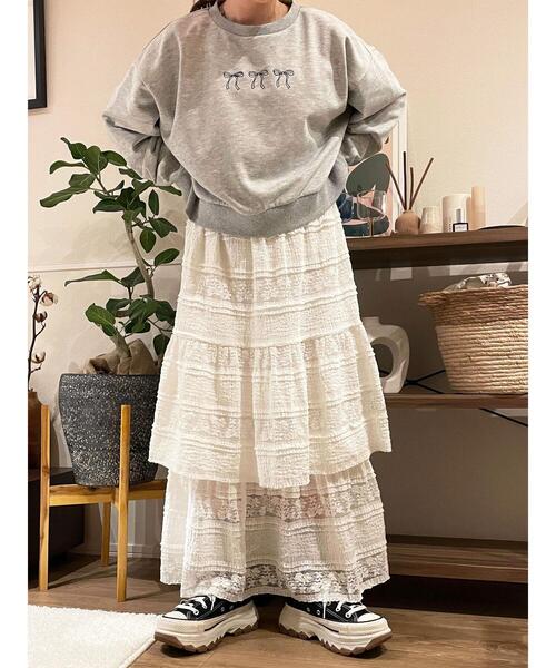 ehka sopo（エヘカソポ）の「レースティアードスカート（スカート・レディース・ブラック/オフホワイト・F）」の2枚目の写真