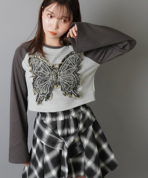 セール】長袖ラグランカットソー/ロンT/バタフライ（Tシャツ