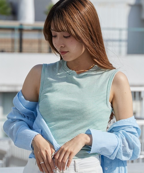 MILLER（ミラー）の「R.P.miller/ミラー Panel ribed tank top リブ タンクトップ マルチボーダー 無地 秋 秋服 2026年秋冬（タンクトップ・レディース・ホワイト/イエロー/ミント/ブラック/グレー/チャコールグレー/グレー系/ブルー/ブラック系1/ライトグリーン/ピンク/ピンク系/ブラック系/ブルー系/ホワイト系/ホワイト系1/オレンジ・FREE）」の4枚目の写真
