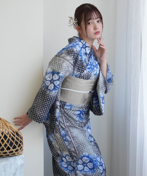 有松絞り浴衣3点セット utatane 墨色にサファイアの花（浴衣