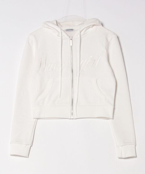 Never mind the XU / Chikashitsu+（ネバーマインド ザ エックスユー / チカシツプラス）の「【nmtc+】embroidery short zip up hoodie / 【エヌエムティーシープラス】レタリングロゴショートジップアップパーカー（パーカー・レディース・ブラック/アイボリー/グレー・ONE SIZE）」の15枚目の写真