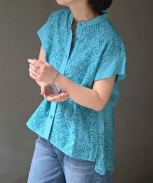 【indian Cotton Collection】インド綿刺繍使いカットワーク半袖ブラウス(インド綿.インドコットン.コットン100%,綿100%)