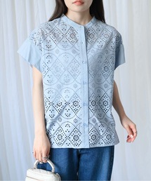＆HALF | インド綿刺繍使いカットワーク半袖ブラウス（インド綿.インドコットン.コットン100%,綿100%）(シャツ/ブラウス)