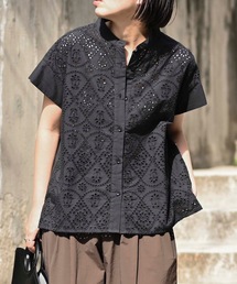 【indian Cotton Collection】インド綿刺繍使いカットワーク半袖ブラウス(インド綿.インドコットン.コットン100%,綿100%)