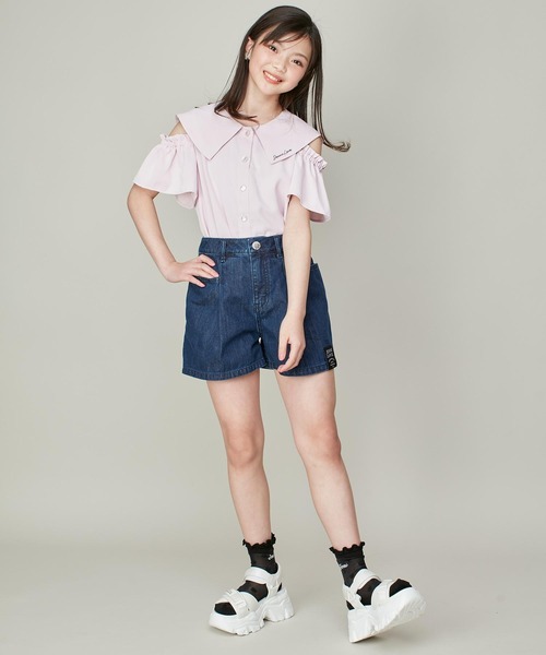 JENNI love（ジェニィラブ）の「【ウエスト調整可・コットン100％】タックデニムショートパンツ（デニムパンツ・キッズ・ネイビー/サックスブルー・130cm/140cm/150cm/160cm）」の21枚目の写真