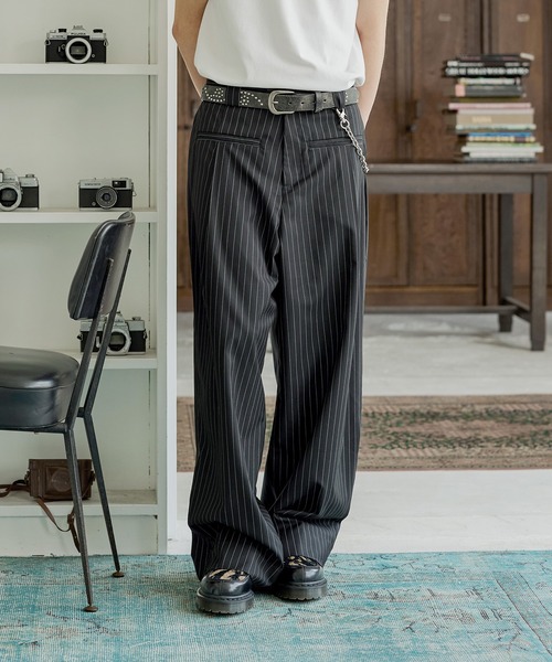 Bleme(ブレム)の「フロントポケット ワイドストレート ストライプ スラックス(スラックス・メンズ・ブラック/グレー・S/M/L/XL)」の3枚目の写真