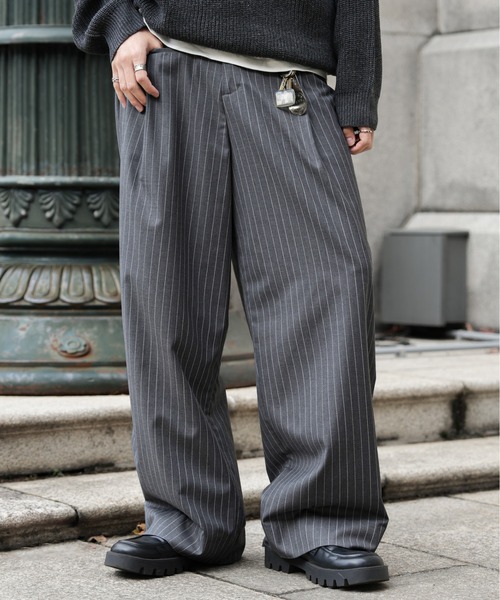 フロントポケット ワイドストレート ストライプ スラックス