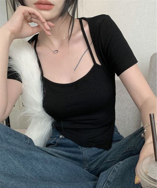 kirakiraShop（キラキラショップ）の「ホルター スクエア ネック 半袖 デザイン Tシャツ（Tシャツ/カットソー・レディース・ホワイト/ブラック・FREE）」の7枚目の写真